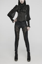 Black Stand Collar Lace Long Sleeves Ruffle Hollow Womens Gothic Blouse